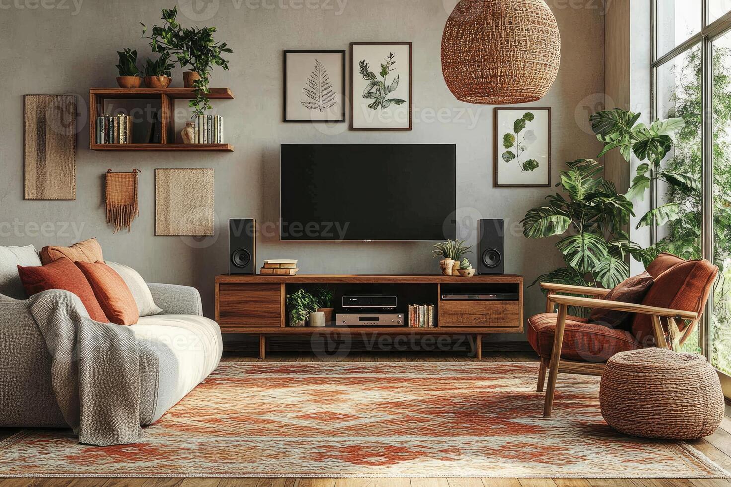 Modern living room decor featuring natural elements and entertainment system photo