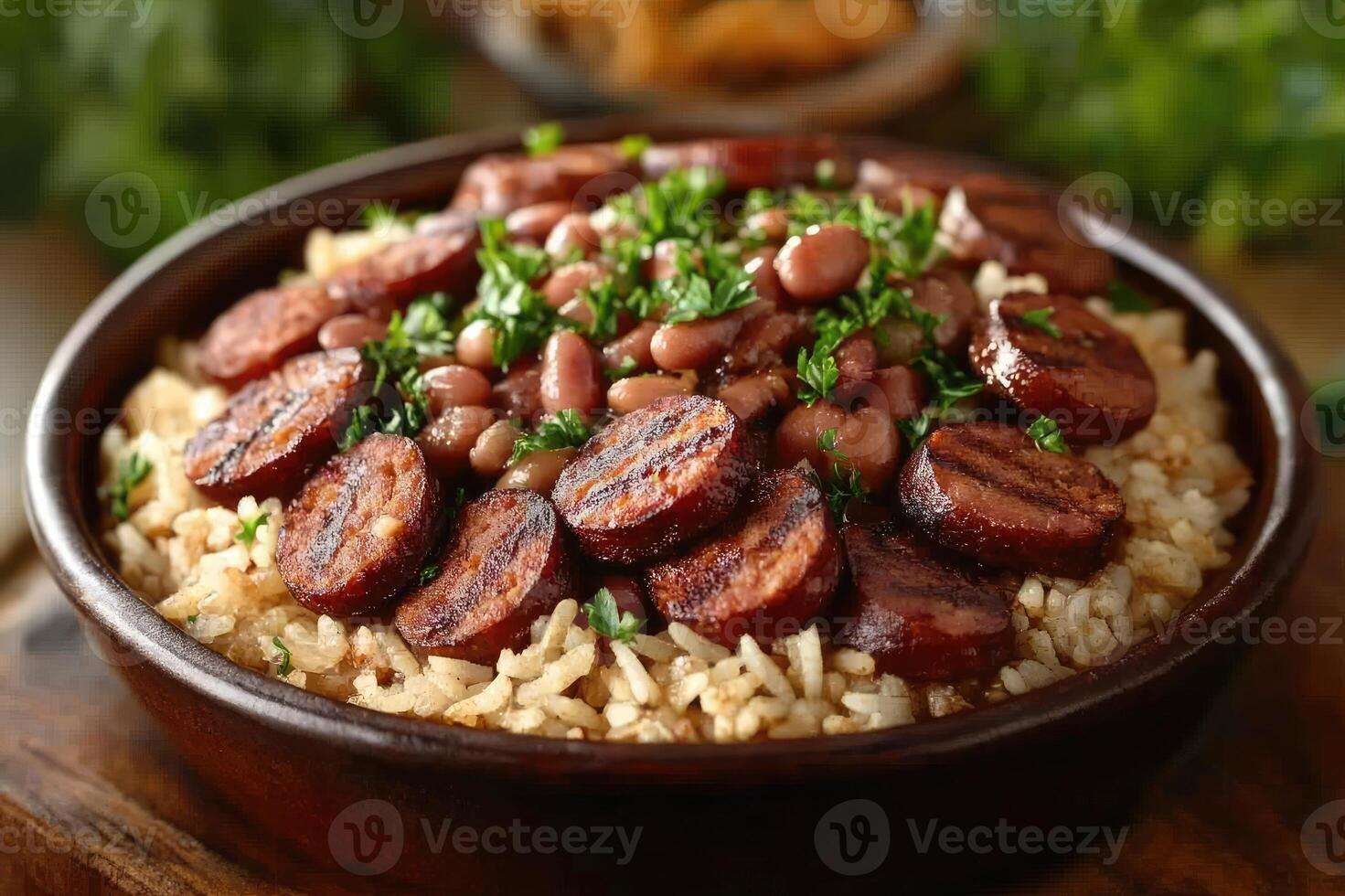 Delicious cajun-style sausage and red beans with rice garnished with parsley photo
