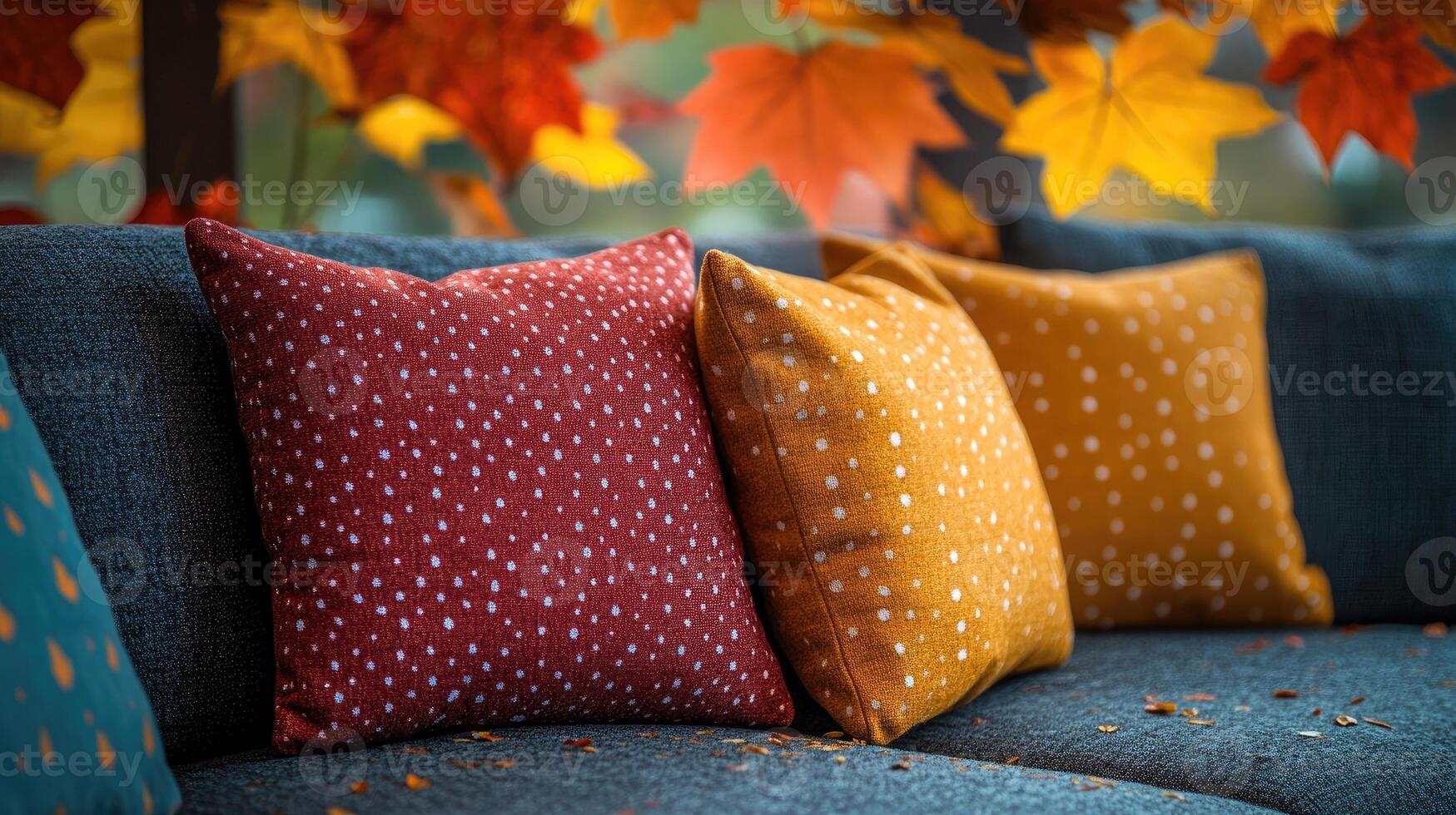 Warm autumn cushions resting on cozy sofa with hanging maple leaves creating seasonal ambiance photo