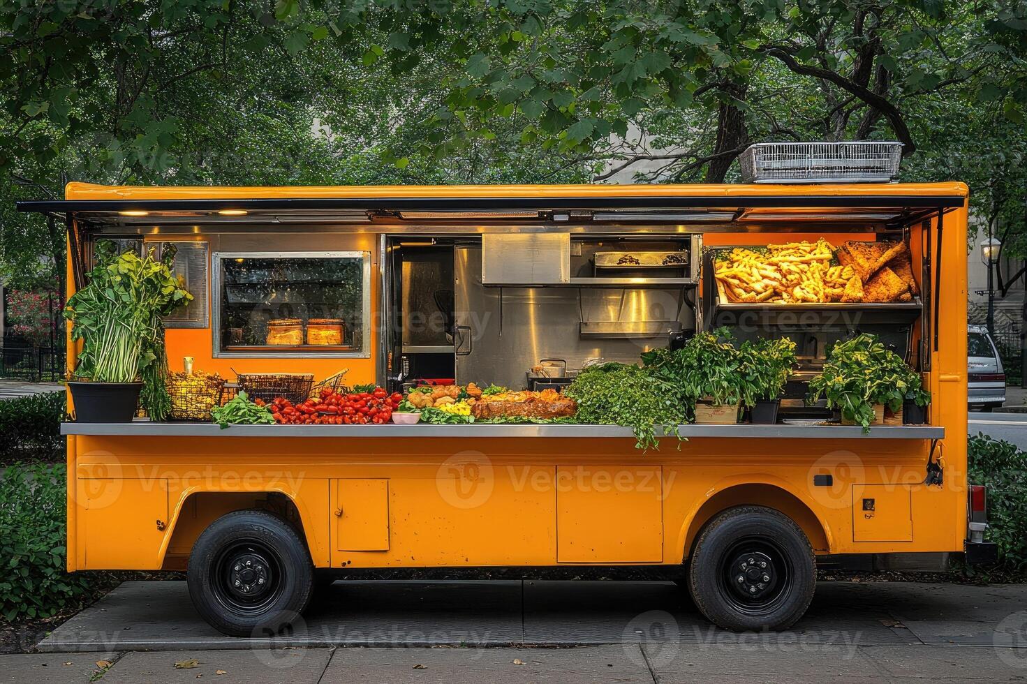 Vibrant orange food truck offering fresh produce and prepared meals in urban setting photo