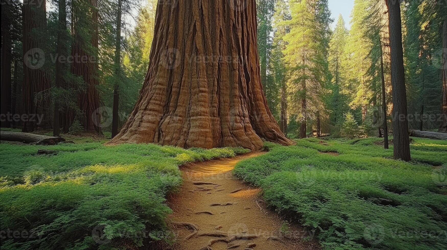 Hiking trail leading towards giant sequoia in redwood national park photo