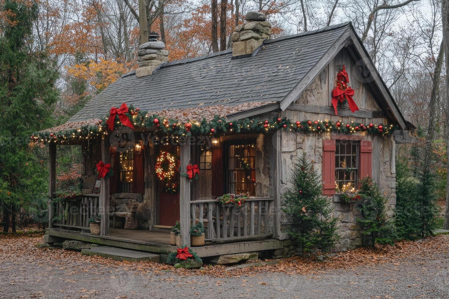Cozy christmas cabin decorated with festive lights and ornaments in a forest setting photo