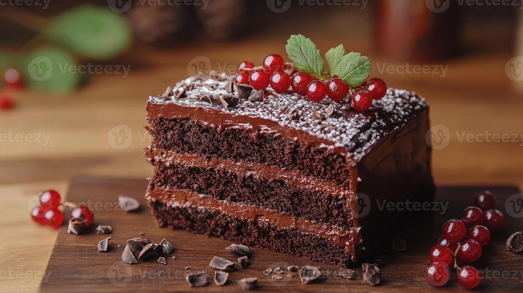 Delicious chocolate cake slice with red currant and chocolate shavings on wooden board photo