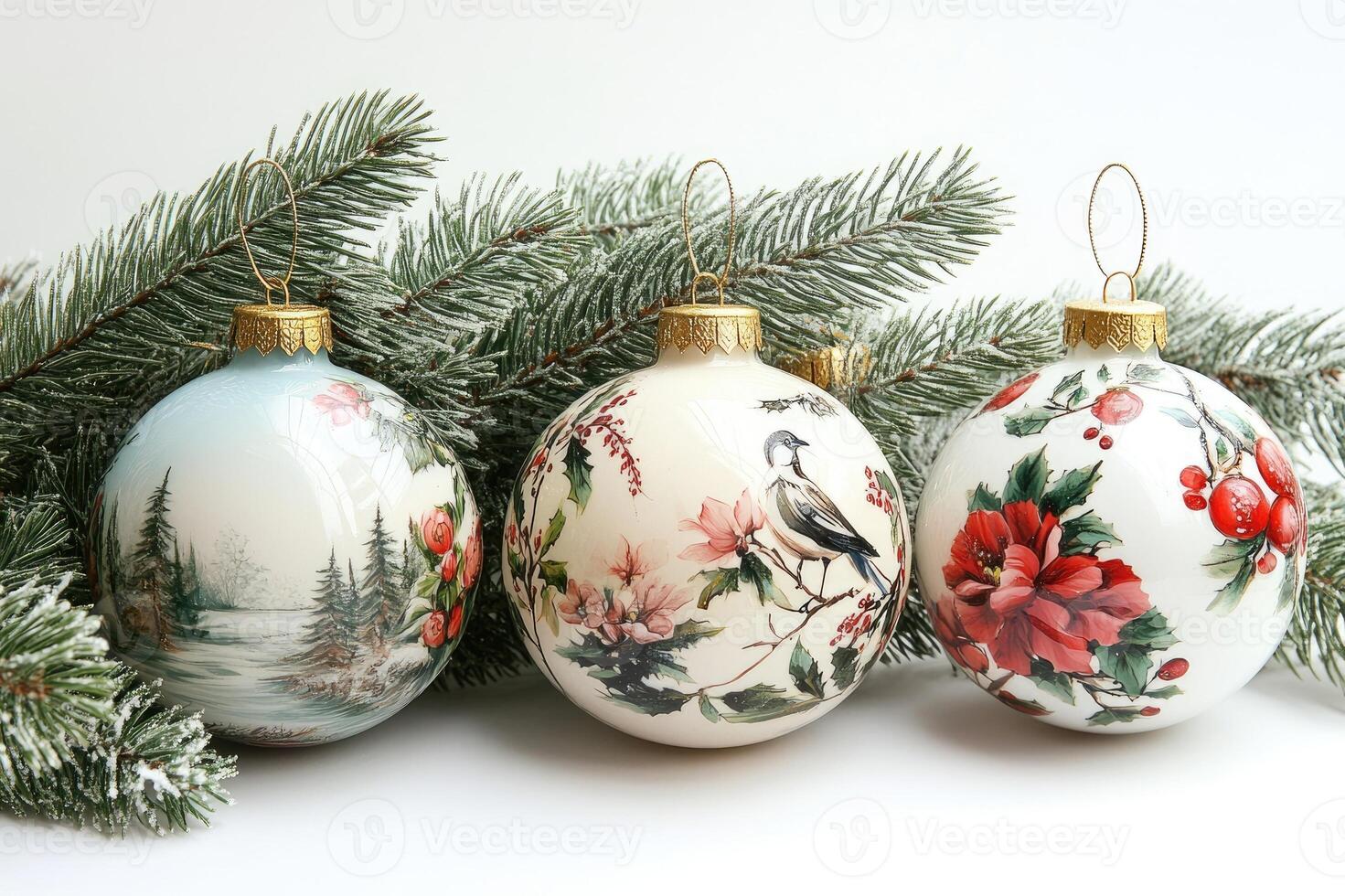 Christmas ornaments decorated with winter landscape, bird, and flowers resting near pine branches photo