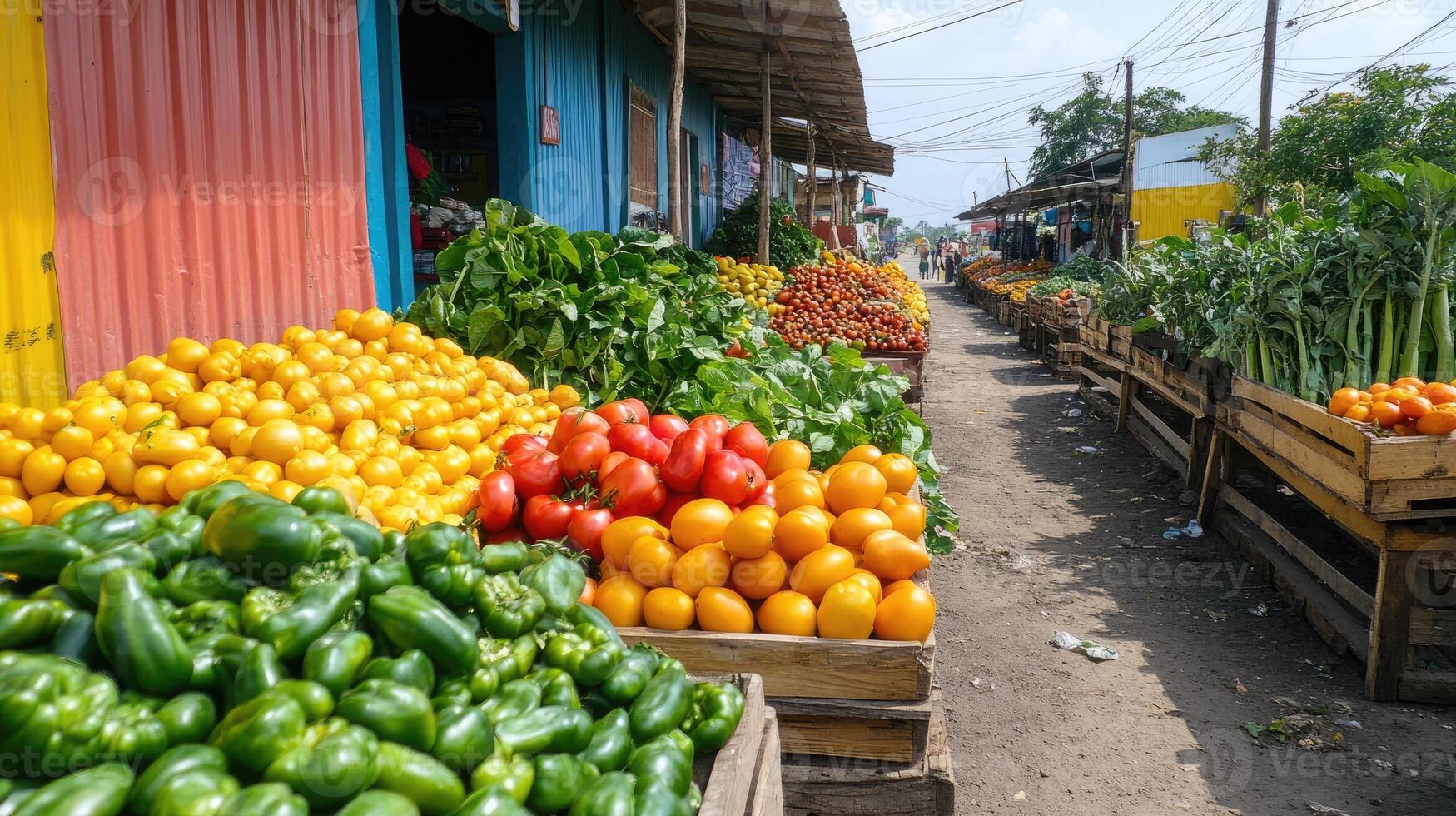 Colorful vegetable and fruit market stalls displaying fresh produce photo