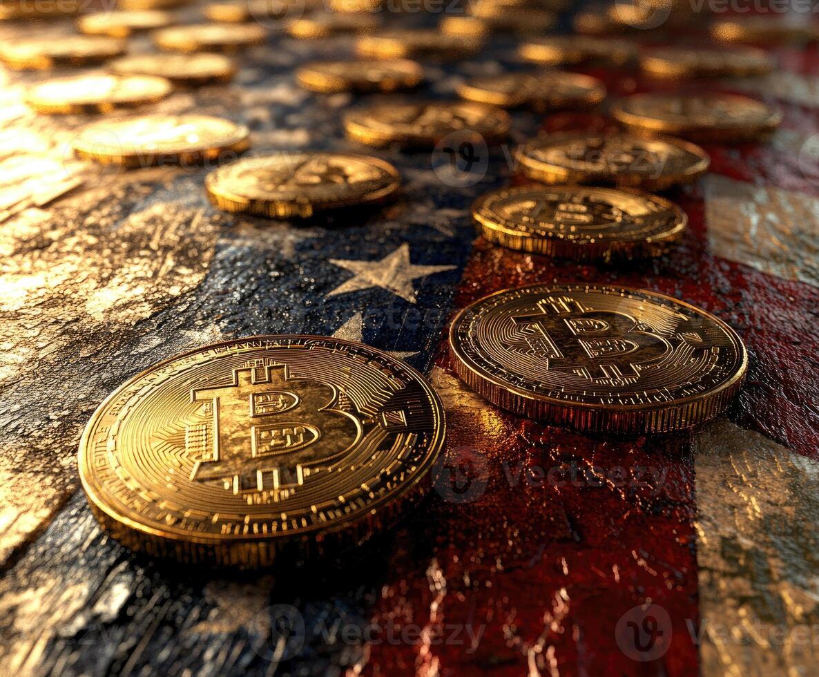 Golden bitcoins resting on american flag, cryptocurrency and usa economy photo