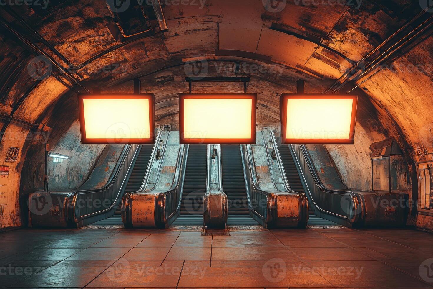 Empty subway station with escalators and illuminated billboards photo