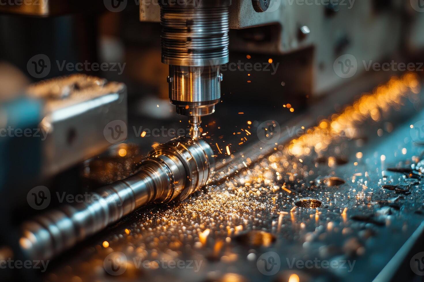 Metalworking cnc milling machine creating metal component in workshop photo