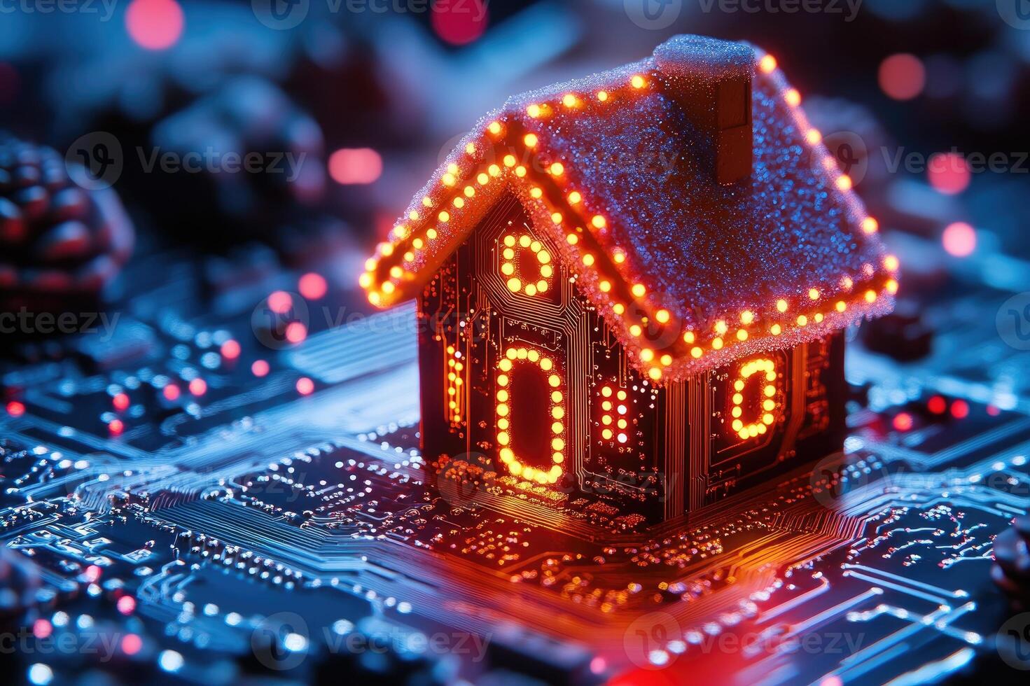 Christmas smart home showing futuristic domotics technology with illuminated circuit board house photo