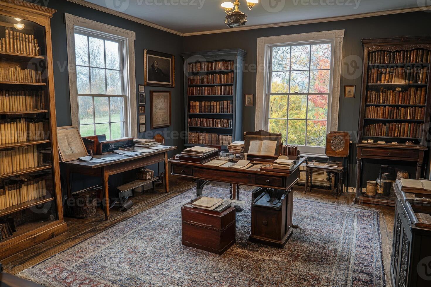 Vintage library room with antique furniture and books displaying autumn colors through the window photo