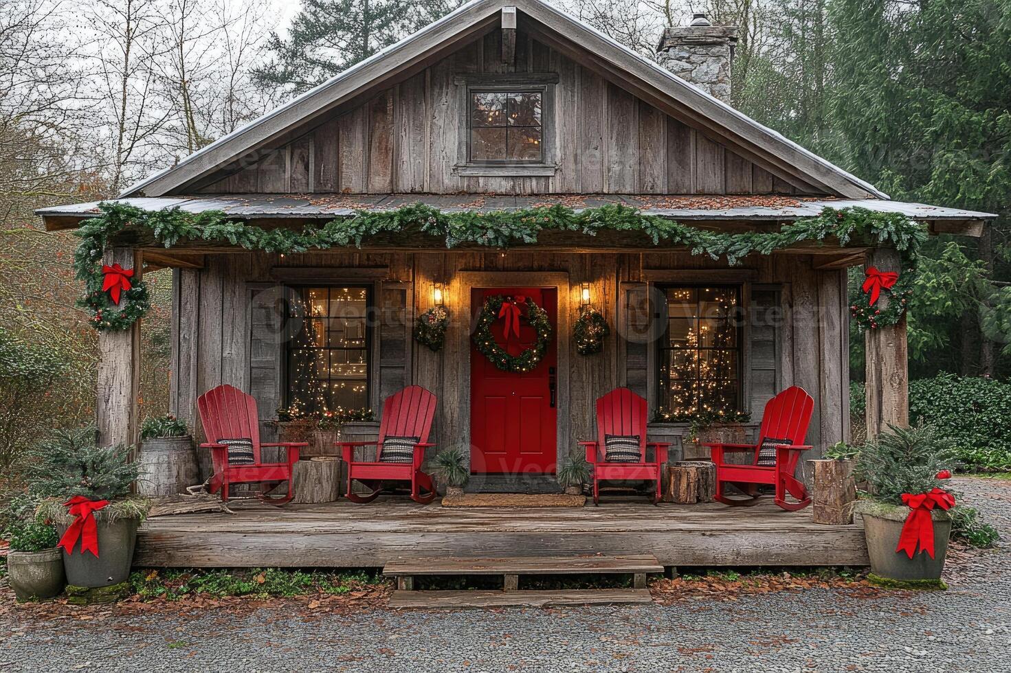 Cozy christmas cabin decorated with festive garland and red rocking chairs photo