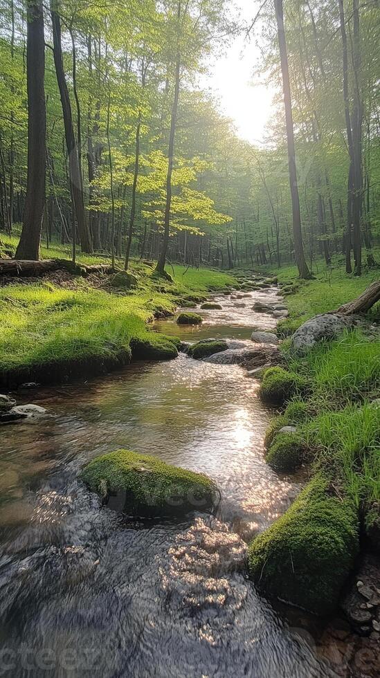 Sun shining through trees on flowing creek in lush green forest photo