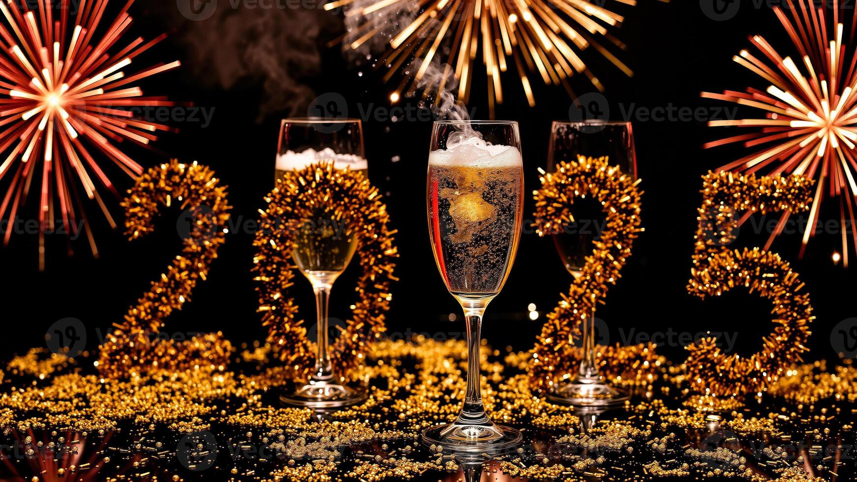 Champagne flutes with gold tinsel forming the year 2015 photo