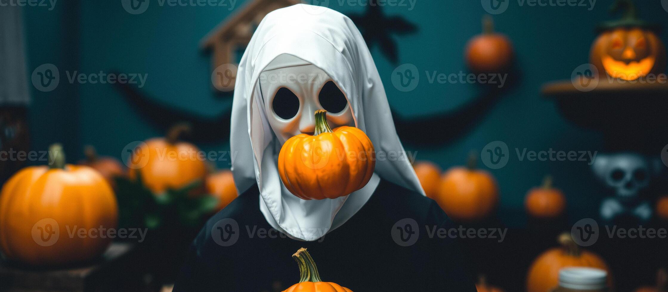 Spooky Halloween Ghost Holding Pumpkins photo