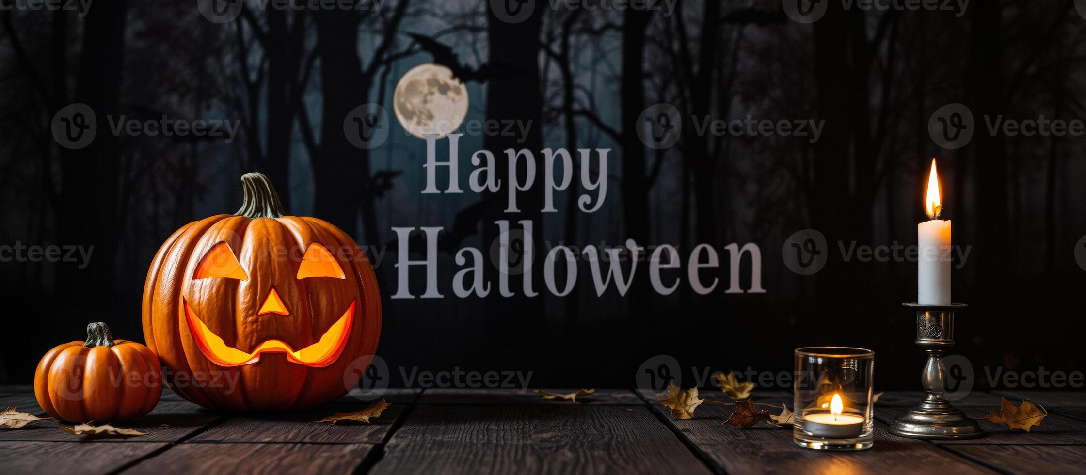 Halloween pumpkins and candles on a wooden table photo