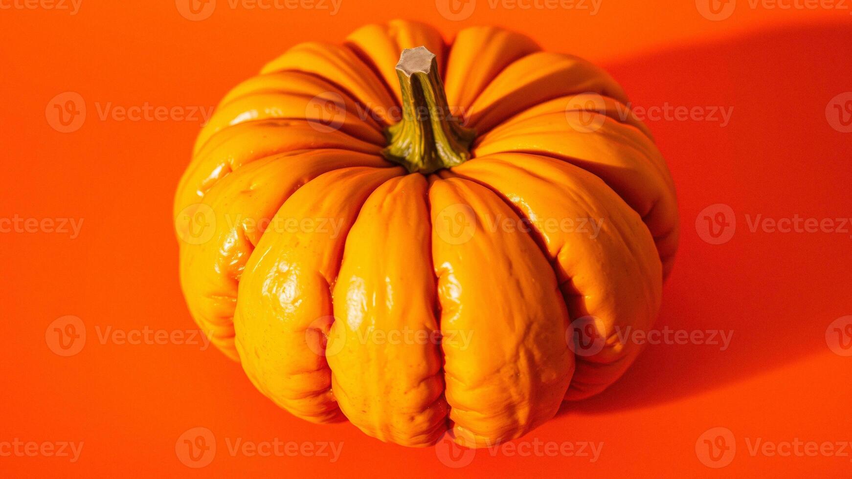 Close-up of a Single Orange Pumpkin on a Red Background photo