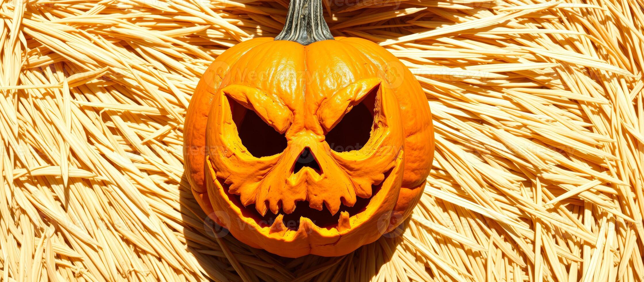 Jack-o'-lantern in a bed of straw photo