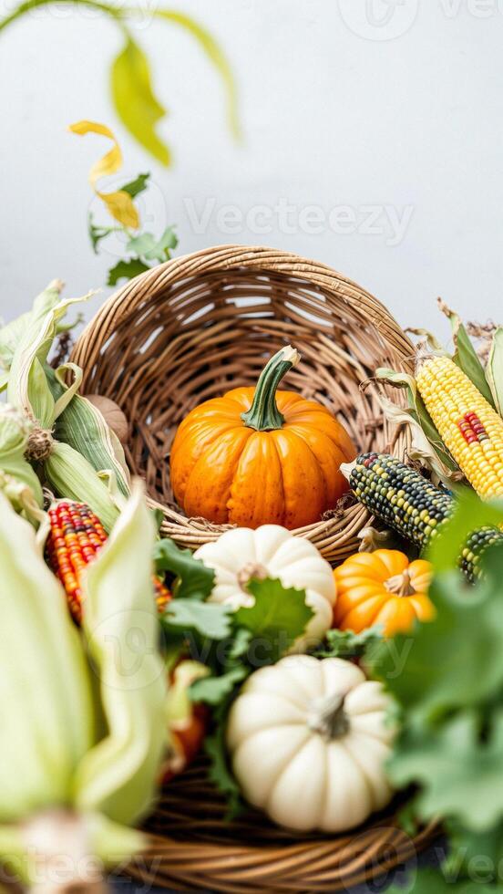 Autumn Harvest Pumpkins and Corn in a Basket photo