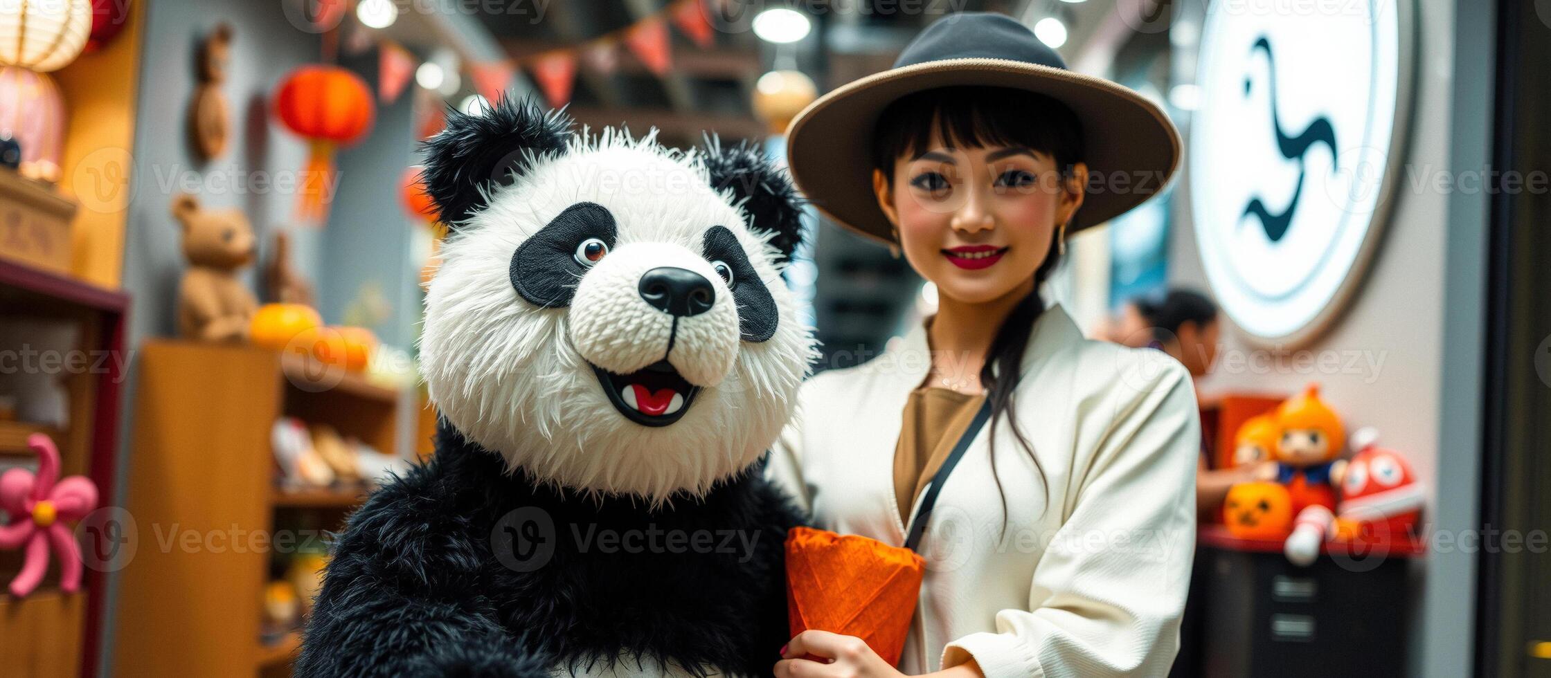 Woman in Hat with a Giant Panda Plushie photo