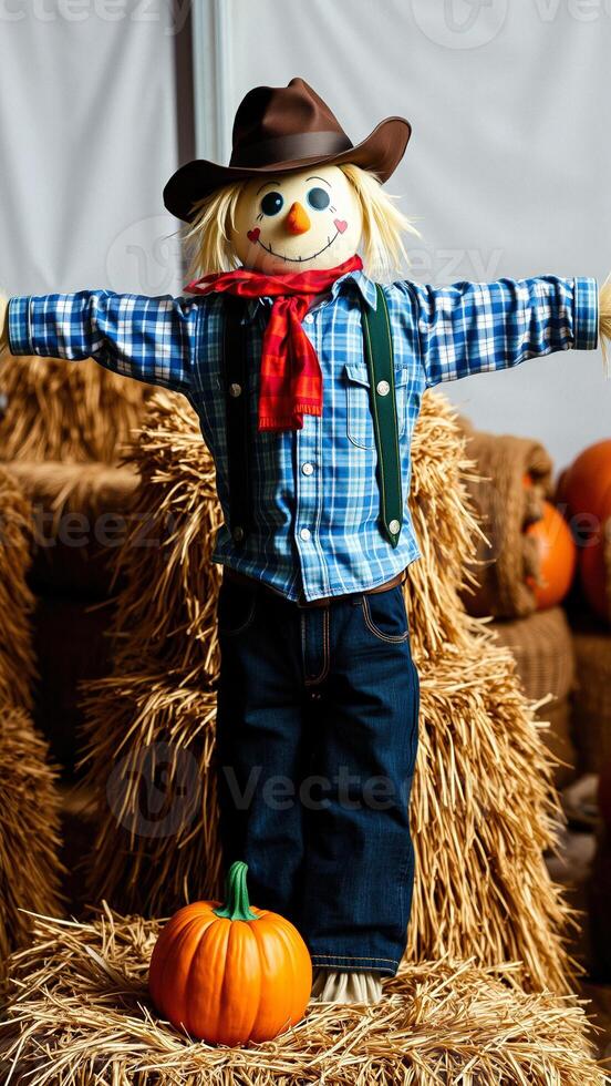 Scarecrow with Pumpkin in Haybale photo
