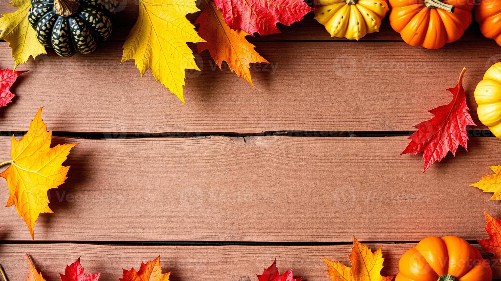 Autumn Leaves and Pumpkins on Wooden Background photo