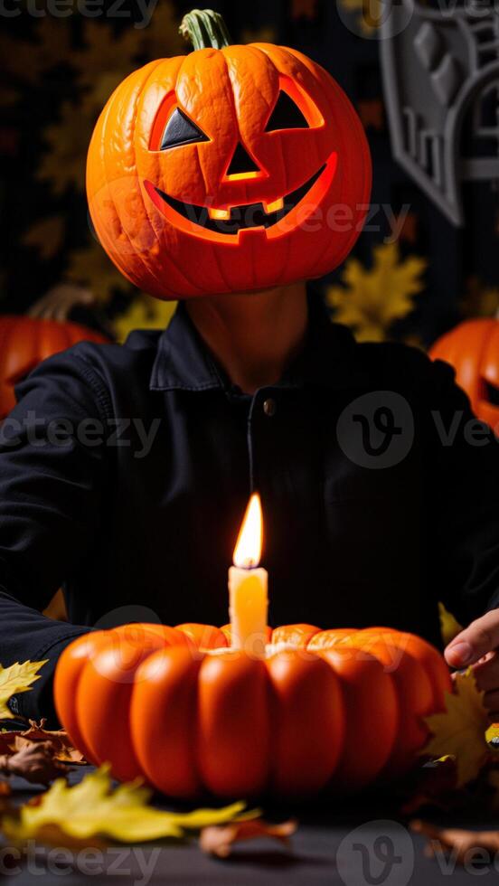 Person Wearing A Jack-O-Lantern For A Head photo
