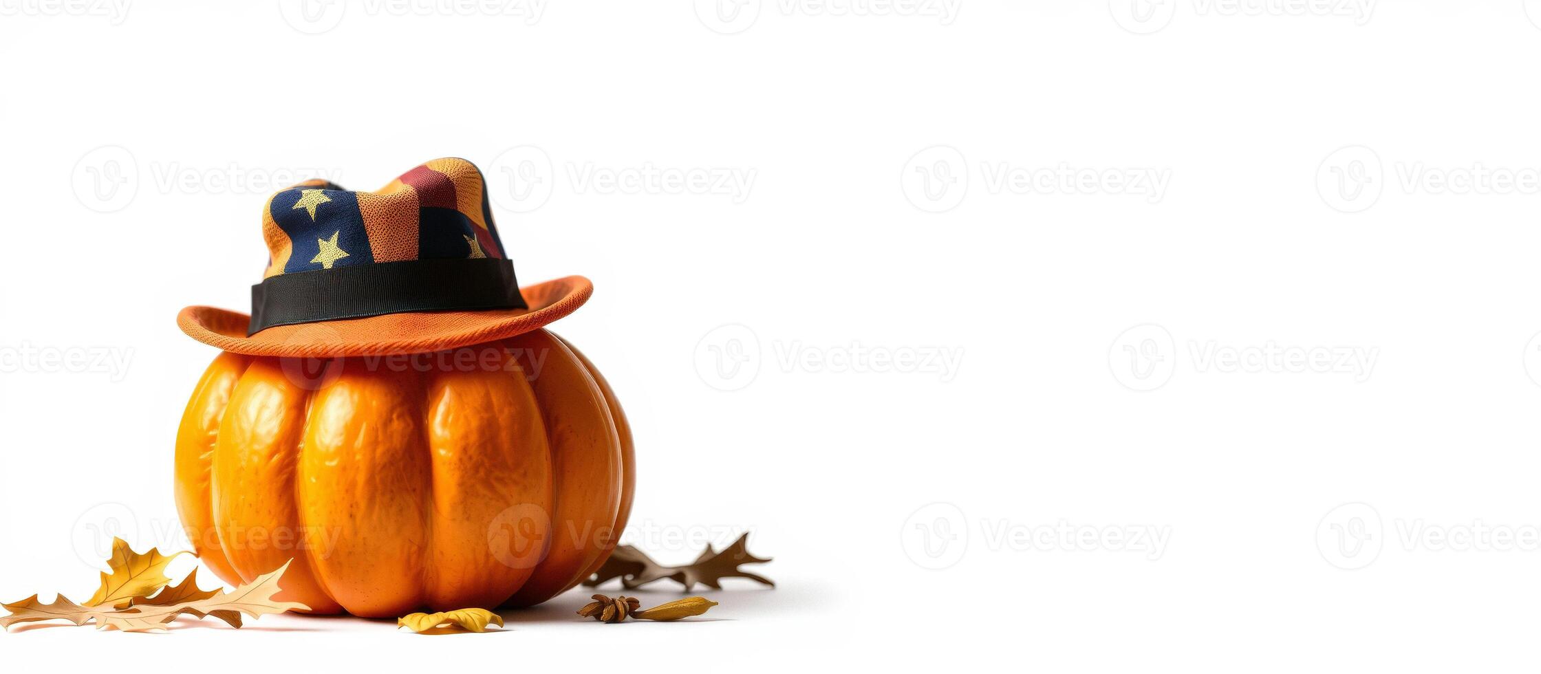 Pumpkin wearing a hat with autumn leaves photo