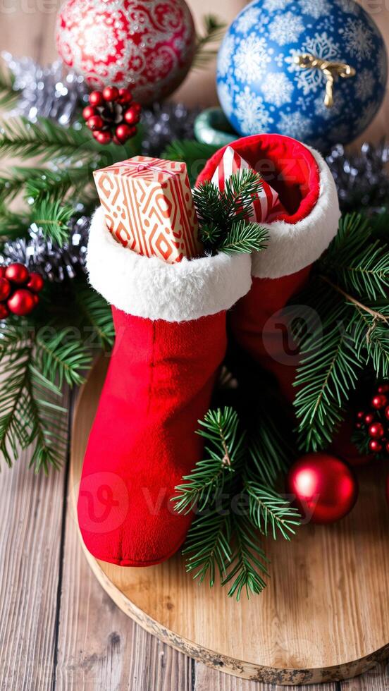 Red Stocking with Gifts and Christmas Decorations photo