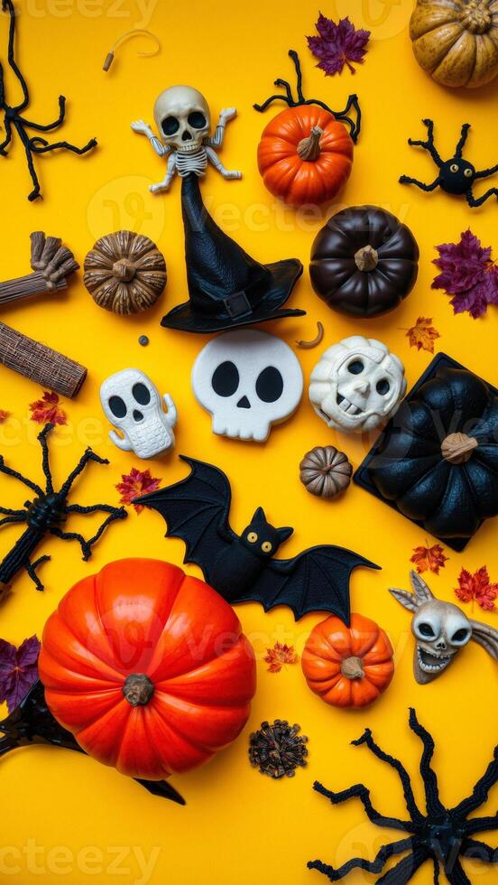 Halloween Decorations on Yellow Background photo