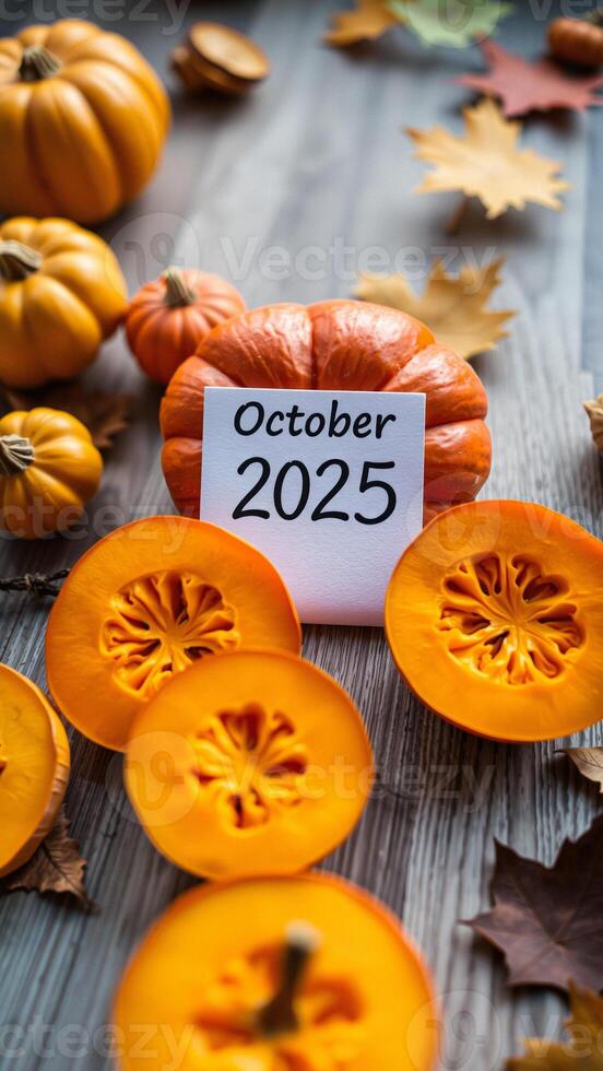 Autumnal Pumpkin Display with October 2025 Date Card photo