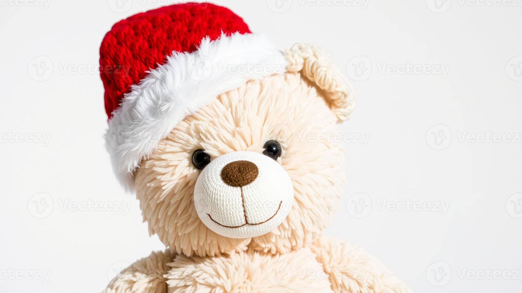 Close-up of a Teddy Bear Wearing a Santa Hat photo