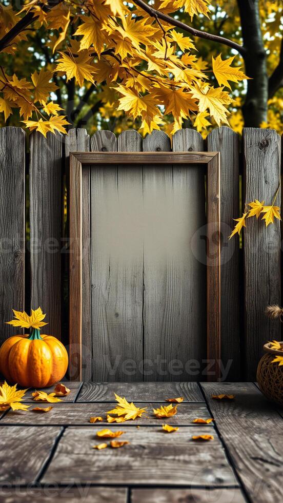 Autumn Wooden Background With Pumpkin photo