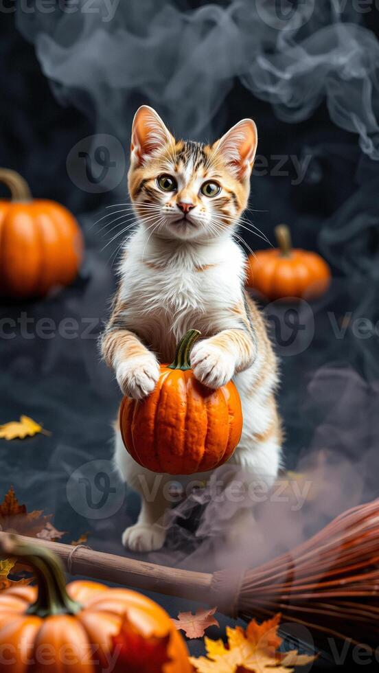 A Cat Holding a Pumpkin with Fall Foliage and a Broom in the Background photo