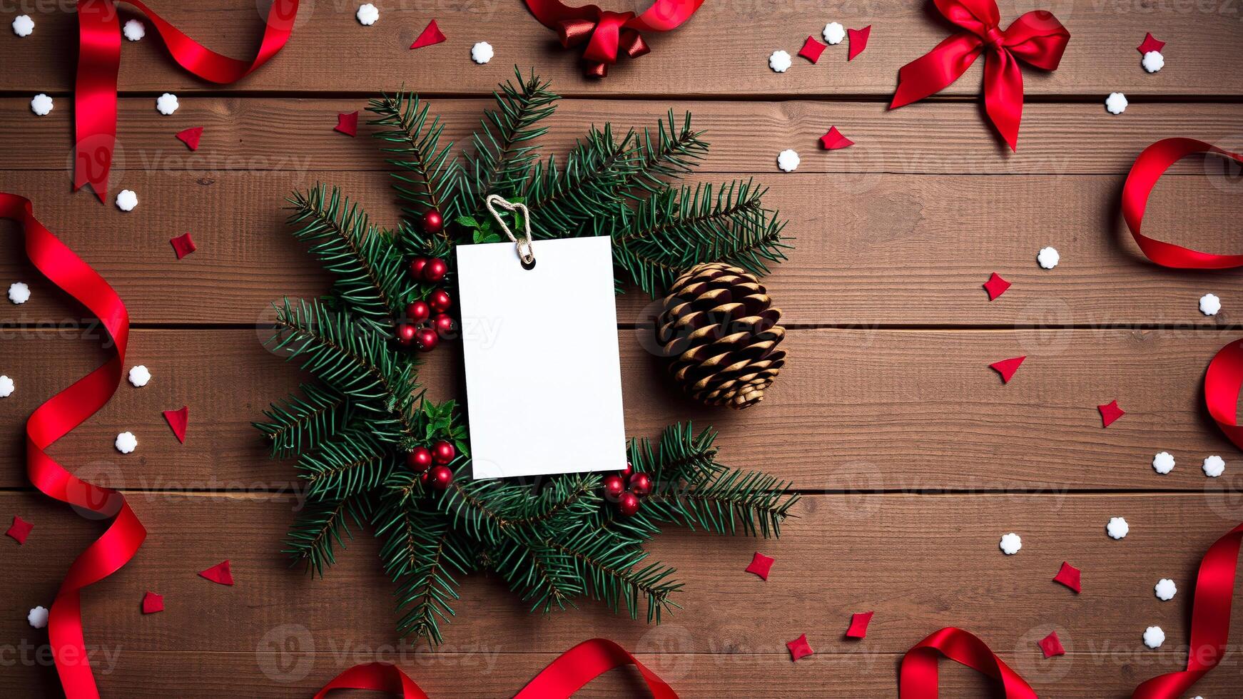 Christmas card mock-up with pine branches, red ribbon and pine cone photo