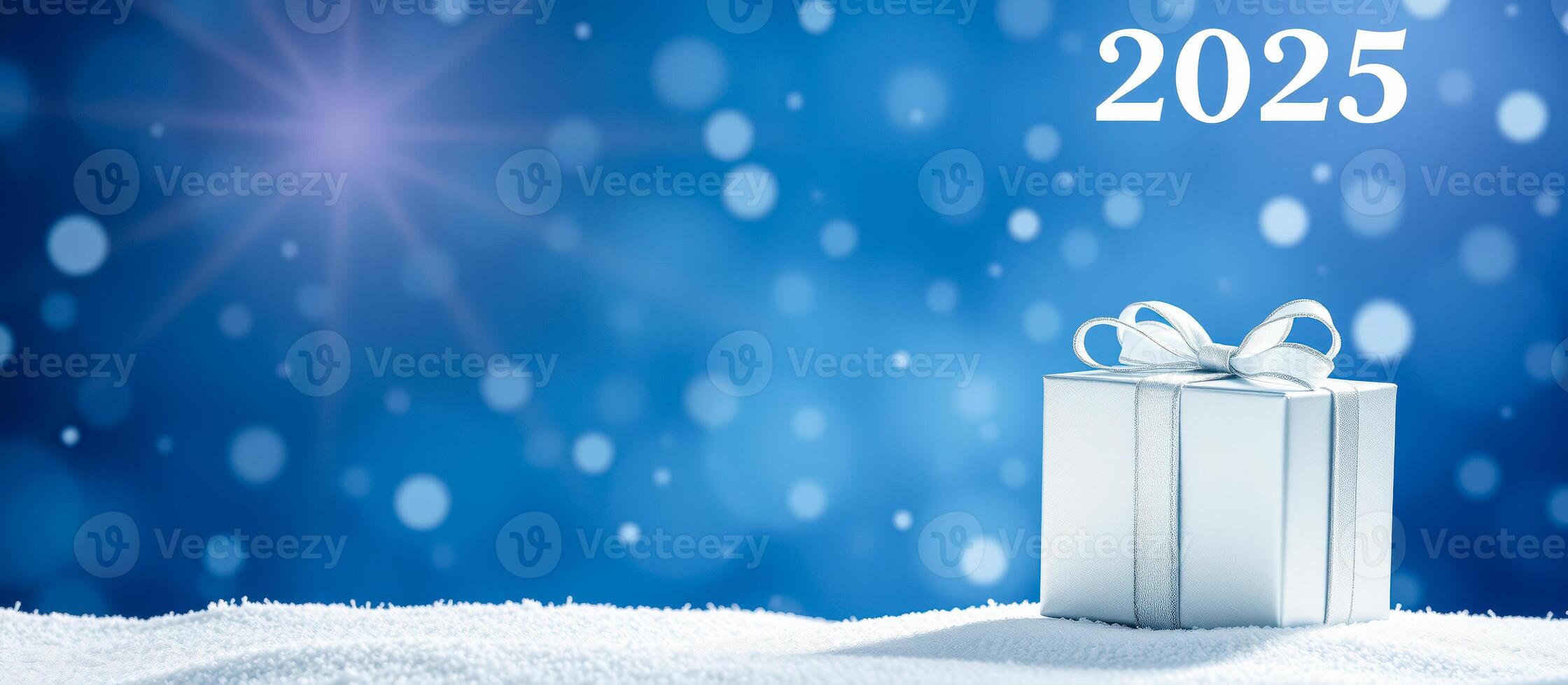 New Year's Gift Box with Snow and Bokeh Background photo