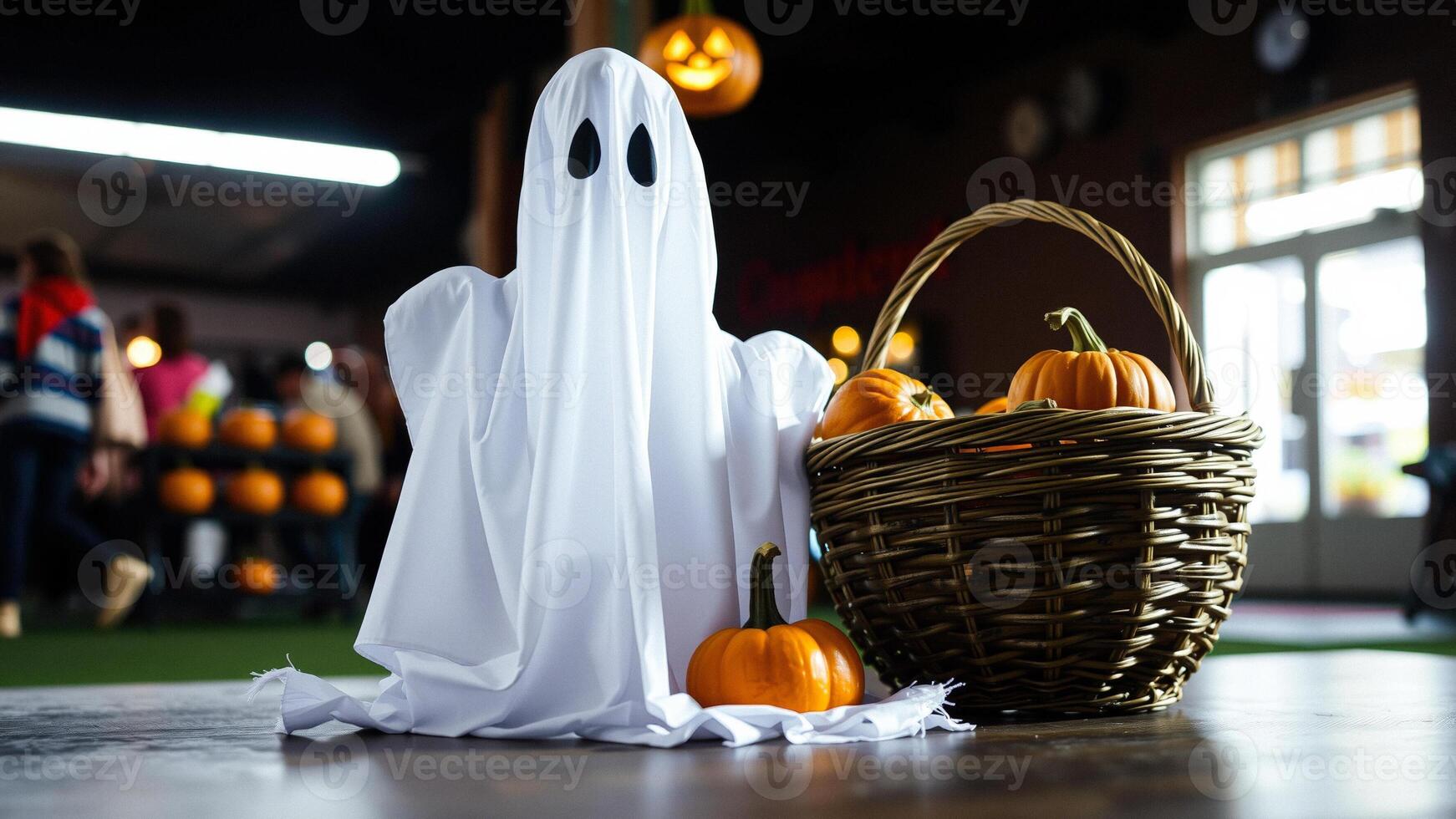 Ghostly Halloween Decor with Pumpkins and a Basket photo