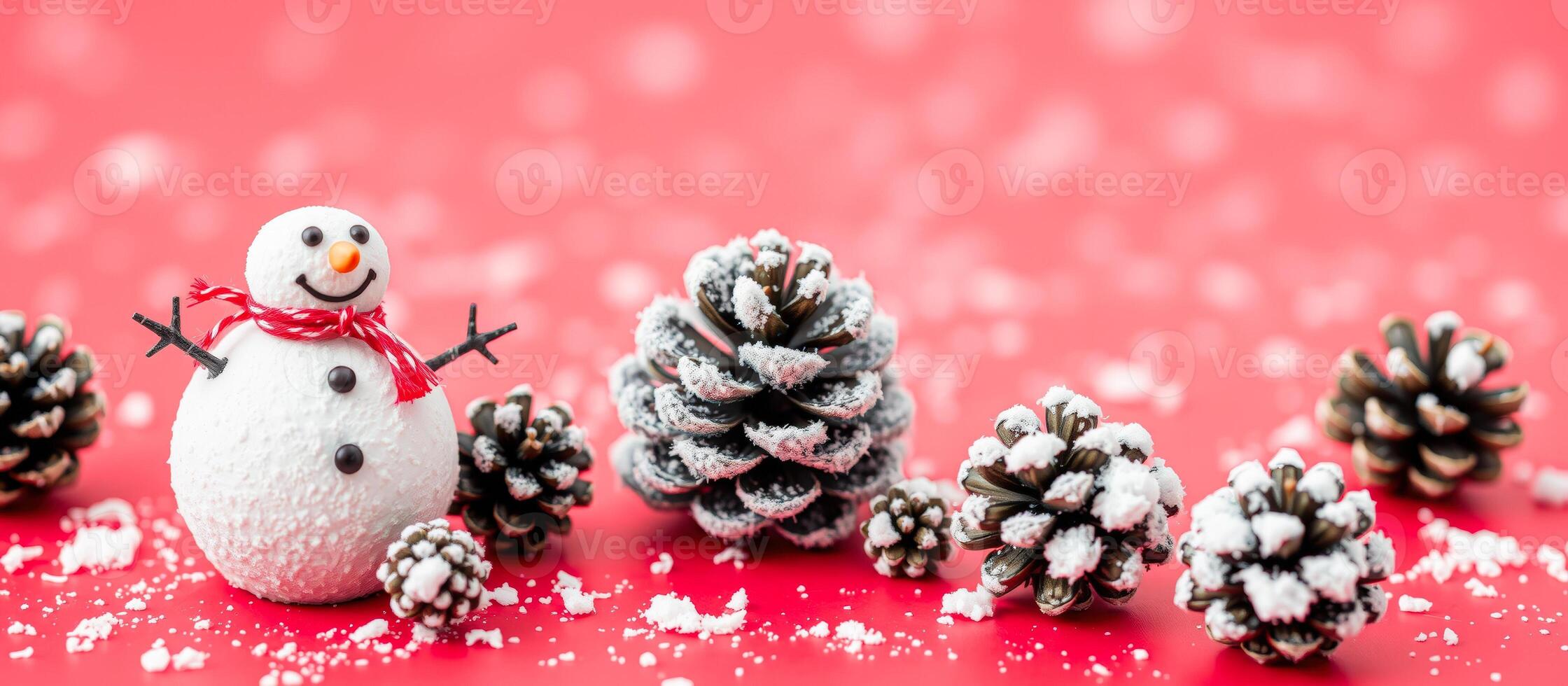 Frosty Snowman with Pine Cones on Red Background photo