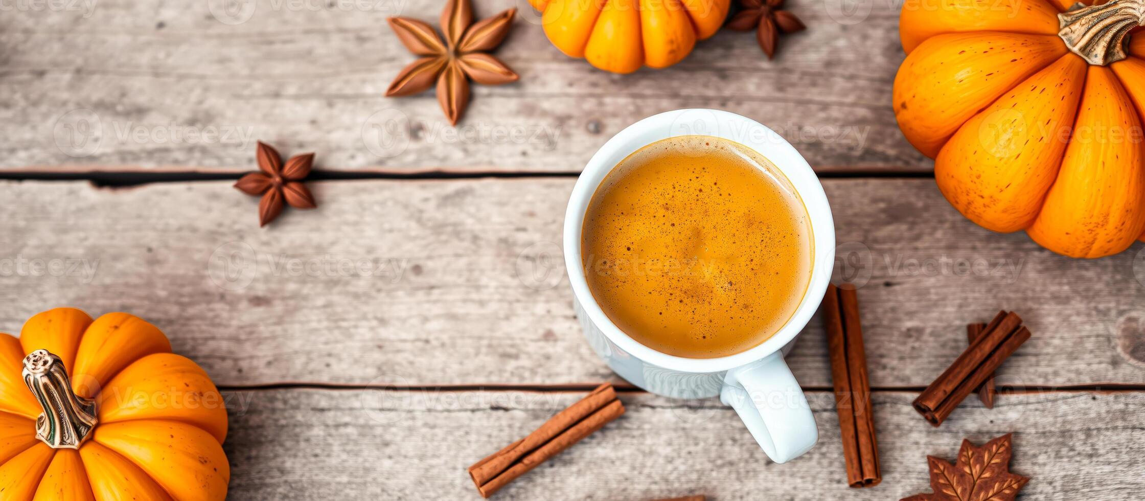 Pumpkin Spice Latte with Pumpkins and Spices on Rustic Wooden Background photo