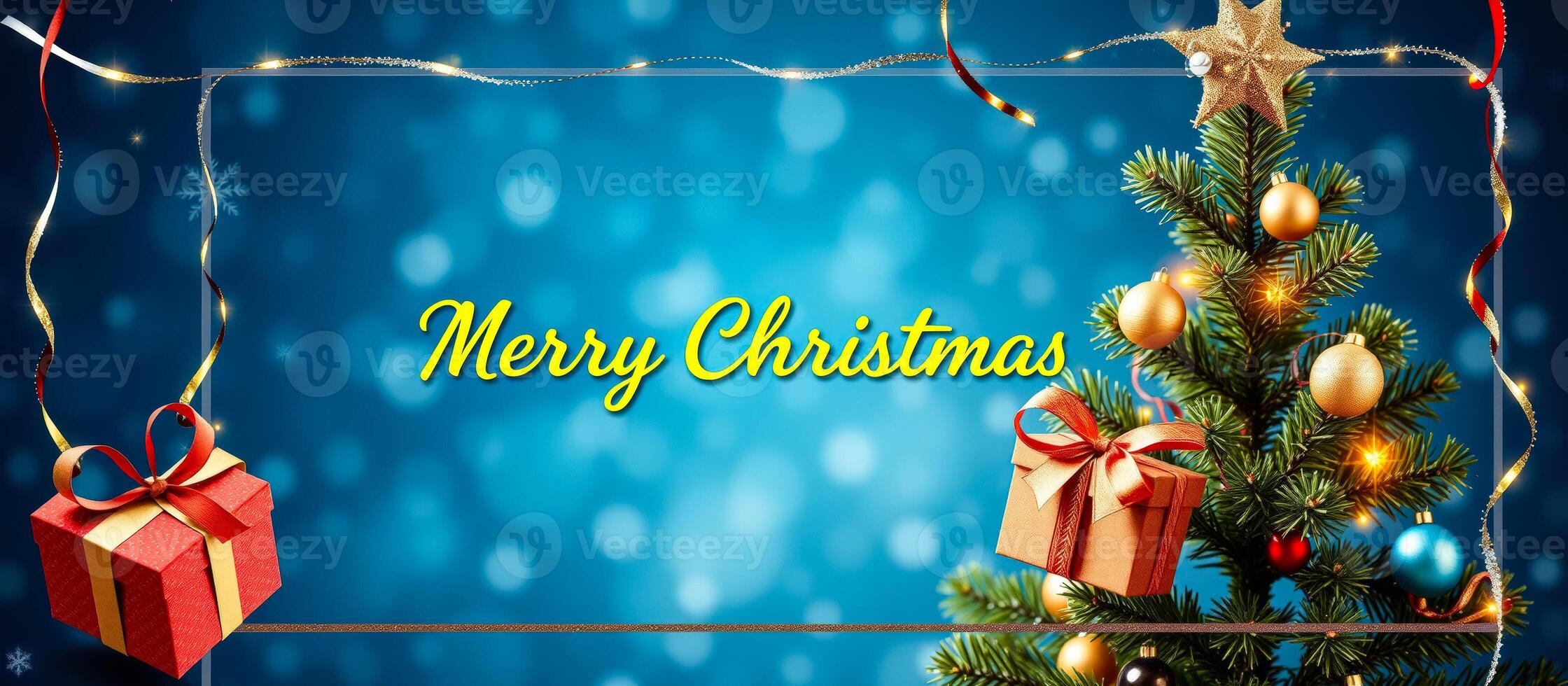 Merry Christmas Card with Christmas Tree and Gifts photo