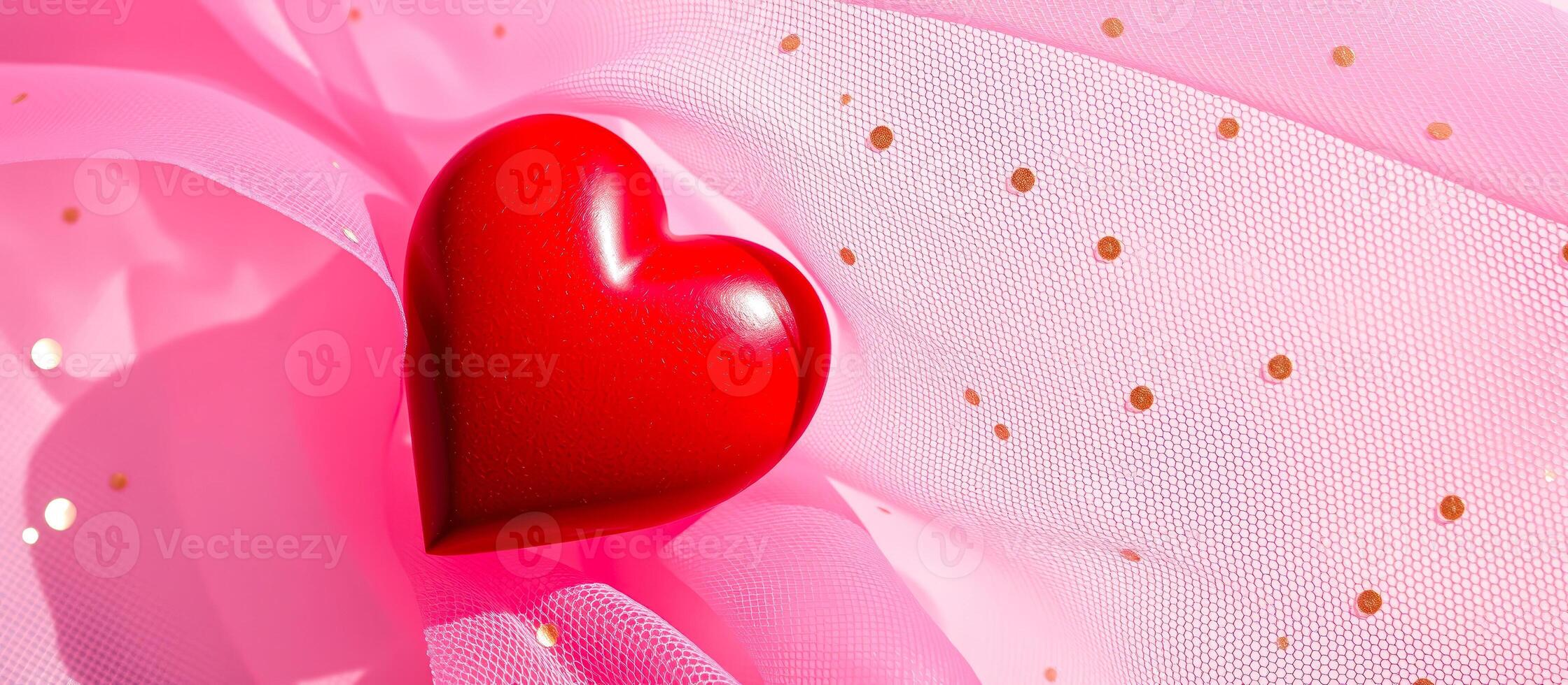 Red heart on pink mesh fabric photo