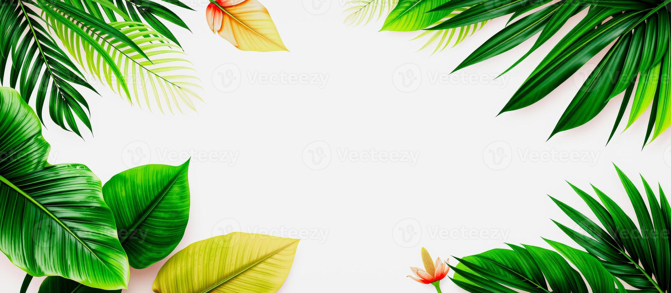 Tropical Leaves Border on White Background photo