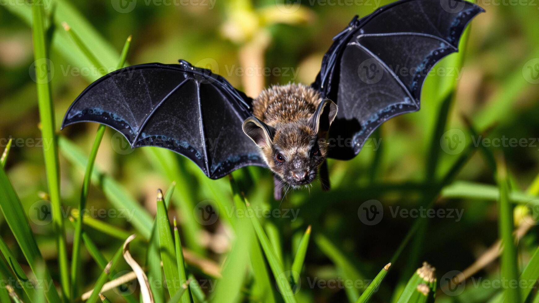 A close-up view of a bat with its wings spread wide photo