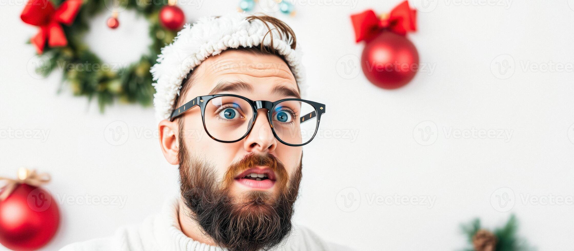 Surprised Man in a White Knit Hat and Glasses Looks Off Camera photo