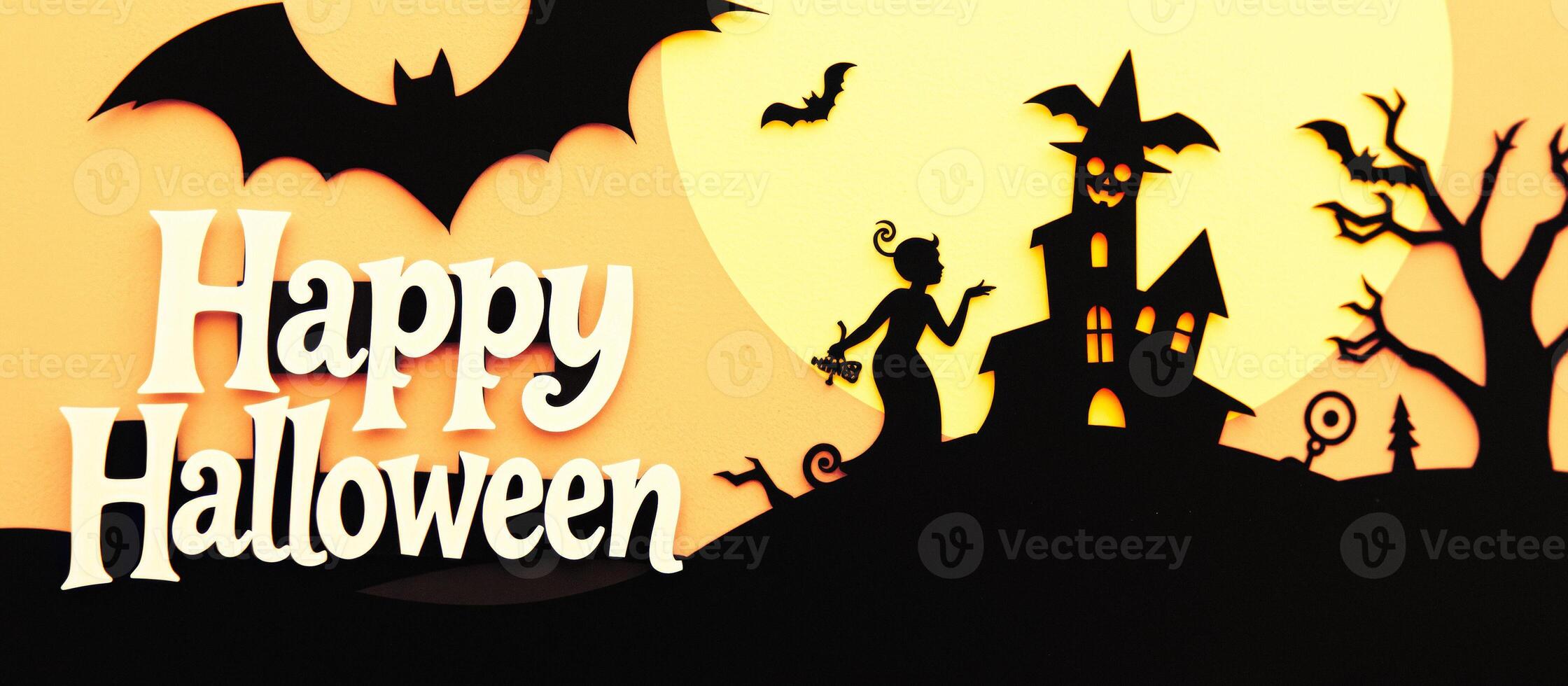 Happy Halloween with Haunted House and Flying Bat photo