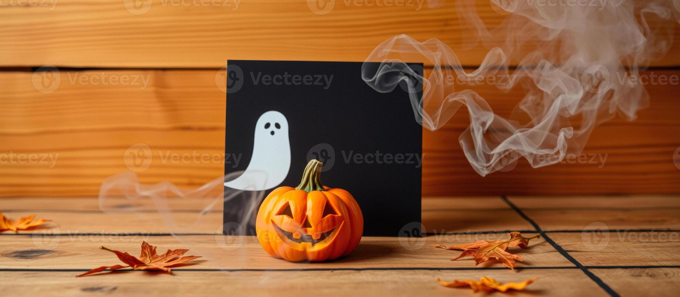 Spooky Pumpkin and Ghost on Wooden Background photo
