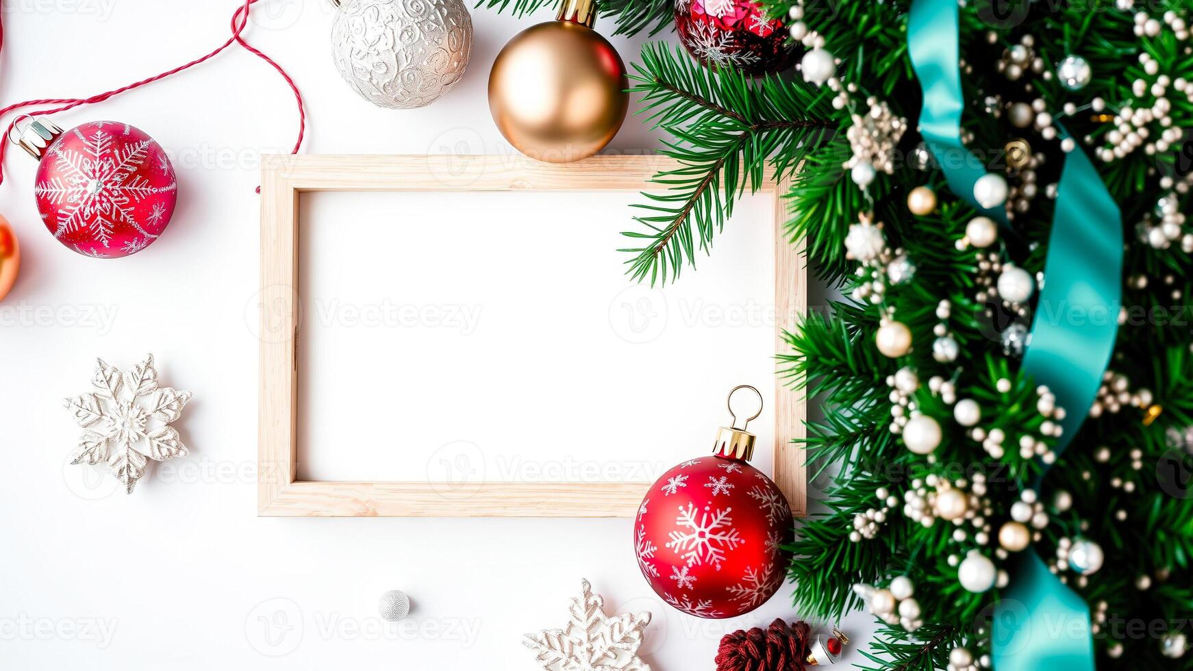 Christmas Decoration with Wooden Frame on White Background photo