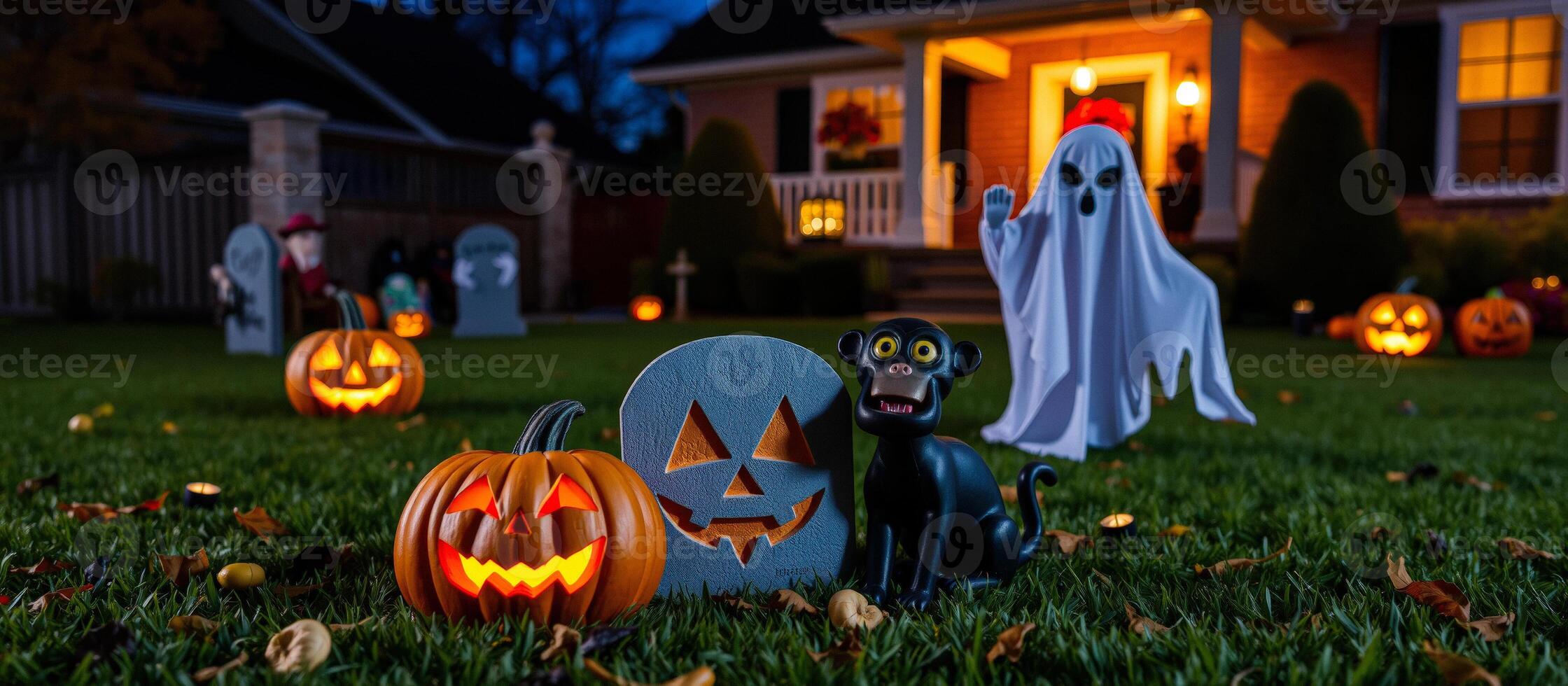 Halloween Decorations on Front Lawn with Jack-o'-lanterns, Ghost, and Monkey photo