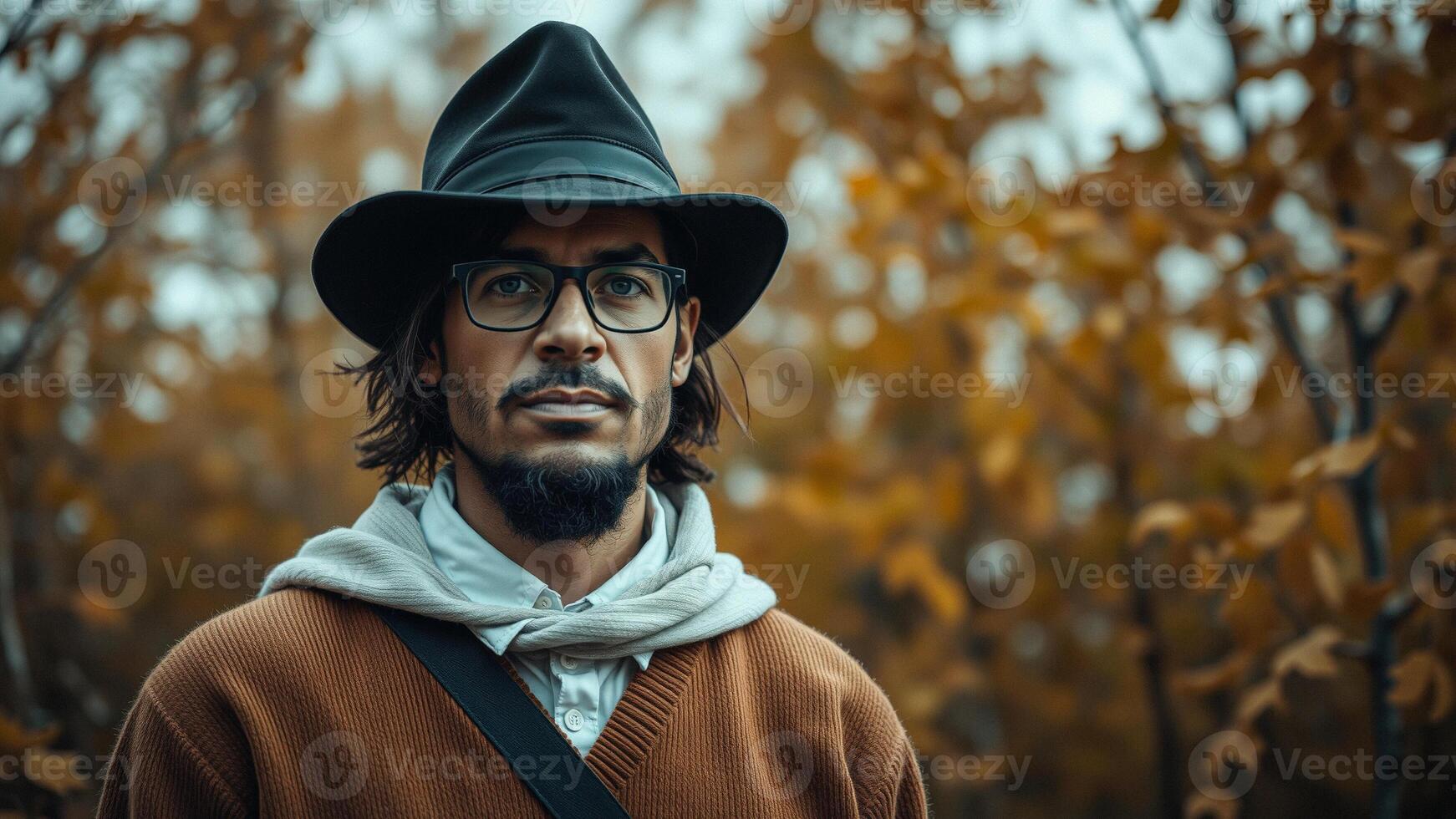 Man in Hat and Glasses Looking Pensively into the Distance photo