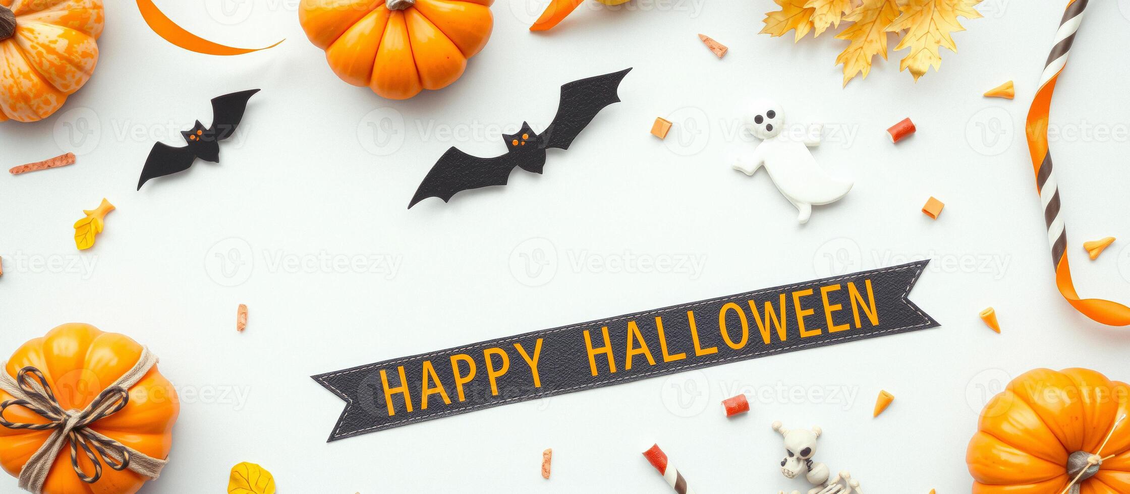 Happy Halloween Flat Lay with Pumpkins and Bats photo