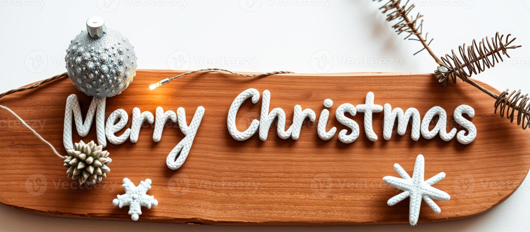Merry Christmas Wooden Sign with Twine and Ornaments photo